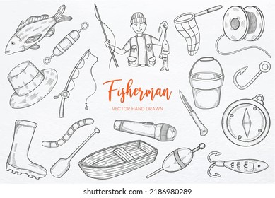 Fisherman set collection with hand drawn sketch vector