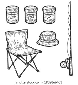 Fischfang-Set, Angelstange, Klappstuhl, Angelstab Köder, Hut. Gravur, Vektorgrafik.