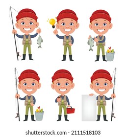 Fisherman, set of six poses. Cheerful fisher cartoon character. 