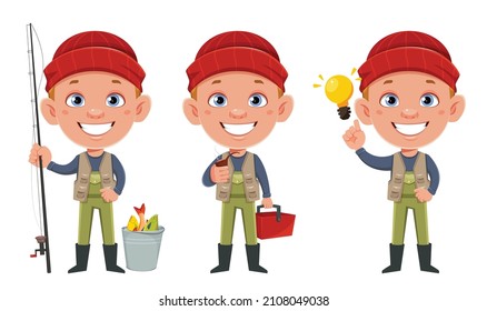 Fisherman, set of three poses. Cheerful fisher cartoon character.