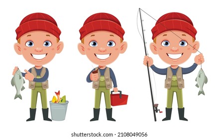 Fisherman, set of three poses. Cheerful fisher cartoon character. 