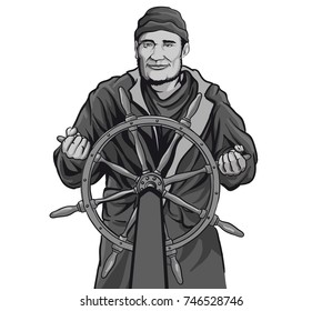 Fisherman with ship's wheel / Fisher man standing with ship steering wheel Black and White