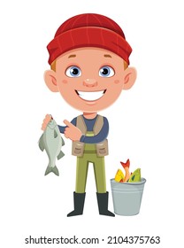 Fisherman showing the catch. Cheerful fisher cartoon character. 