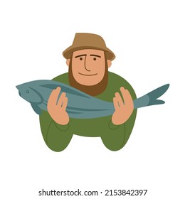 fisherman shows a trophy catch of fish. Cartoon vector isolated on white background