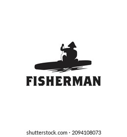 Fisherman silhouette with boat vector logo design