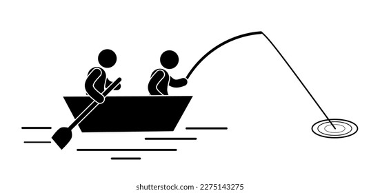 Fisherman silhouette with fishing rod on white background. Vector illustration.
