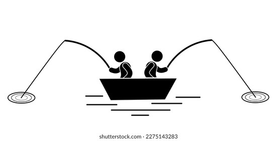 Fisherman silhouette with fishing rod on white background. Vector illustration.
