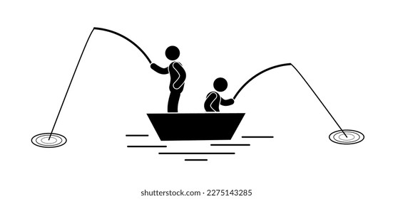 Fisherman silhouette with fishing rod on white background. Vector illustration.
