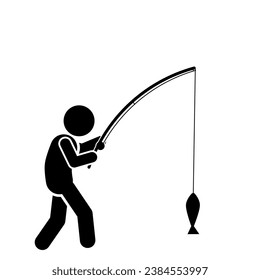 Fisherman silhouette with fishing rod on white background. Vector illustration.
