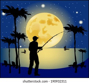 Fisherman silhouette on moon background