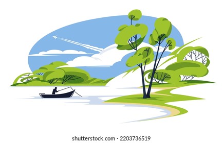 Fisherman silhouette on a quiet summer lake in the middle of the forest. Seasonal landscape. Flat vector illustration