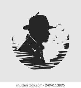 Fisherman silhouette. Vector illustration. Isolated on white background.