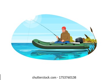 Fisherman sit in boat semi flat vector illustration. Man with road lure fish. Speed engine inflatable sailboat in freshwater. Summer recreation 2D cartoon characters for commercial use