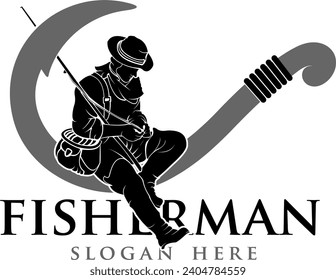 fisherman sit in hook for fishing logo company