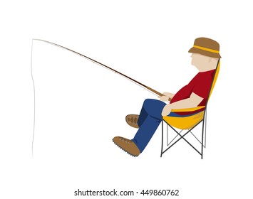 Fisherman siting on chair with rod. Flat vector illustration