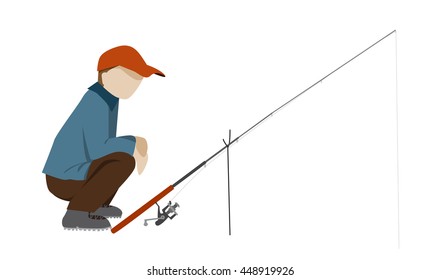 Fisherman siting with rod Flat vector illustration