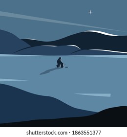 A fisherman sits with a fishing rod on a night winter fishing trip.Vector illustration.