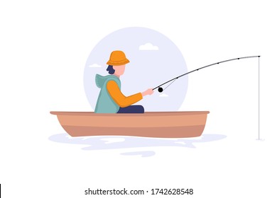 Fisherman sits on boat with fishing rod. Fishman crocheted spin into the sea. Fishing concept. Flat style vector illustration isolated on white background.