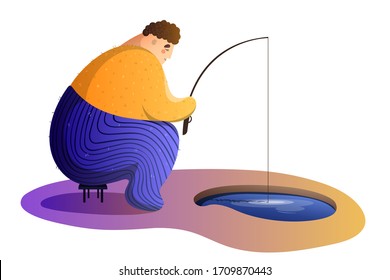 A fisherman sits on a chair and catches fish in a cartoon hand-drawn style.Fishing concept.Rest at nature. Camping.Summer vacation concept. Character Design Isolated Vector flat stock illustration.