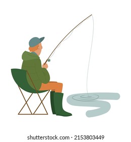 fisherman sits on a folding chair and fishes with a rod. Cartoon vector isolated on white background