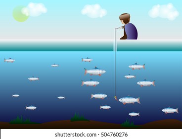 the fisherman sits on the ice and beneath the ice fish