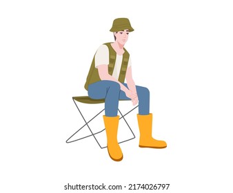 Fisherman Sits On Outdoor Folding Chair Vector Illustration Isolated On White Background