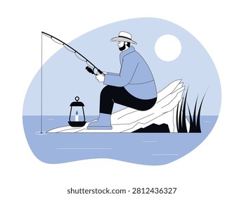 A fisherman sits on a rock by the shore at dusk or dawn, fishing with a lit lantern resting beside him.