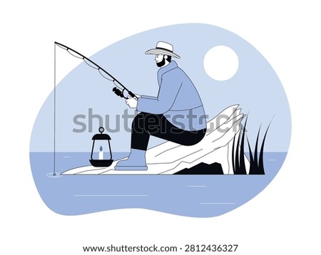 A fisherman sits on a rock by the shore at dusk or dawn, fishing with a lit lantern resting beside him.