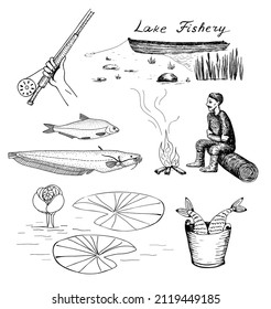 Fisherman sits on the shore and dreams of big fish. Boat on the lake in reeds. Hand drawn vector image.