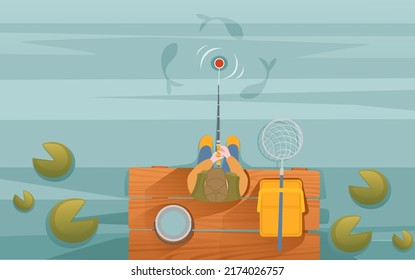 Fisherman sits on wooden pier and fishing with rod vector illustration