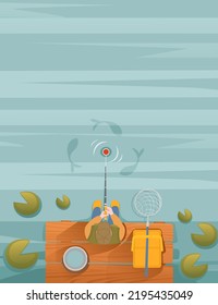 Fisherman sits on wooden pier and fishing with rod vector illustration vertical format