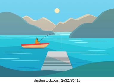Fisherman sitting in a boat in beautiful seascape scenery. Fisher man catching fish with fishing rod. Small boat floating on water. Mountains on a background. Flat graphic vector illustration.