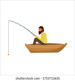 Fisherman sitting in boat with equipment isolated on white background stock vector illustration in flat style.