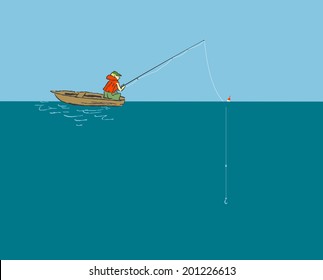 Fisherman sitting in the boat with a fishing rod