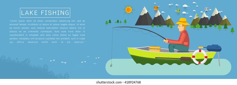 Fisherman sitting in the boat and fishing rod is fishing on boat. Vector flat illustration