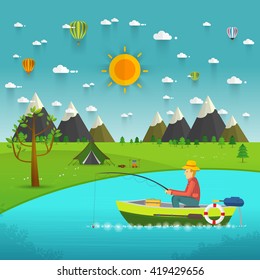 Fisherman sitting in the boat and fishing rod is fishing on boat. Vector flat illustration