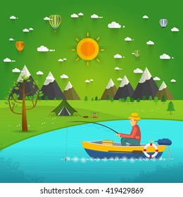 Fisherman sitting in the boat and fishing rod is fishing on boat. Vector flat illustration