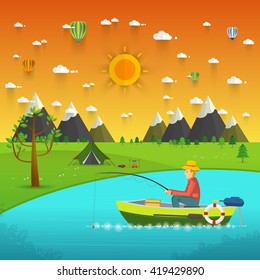 Fisherman sitting in the boat and fishing rod is fishing on boat. Vector flat illustration