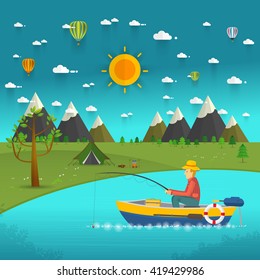 Fisherman sitting in the boat and fishing rod is fishing on boat. Vector flat illustration