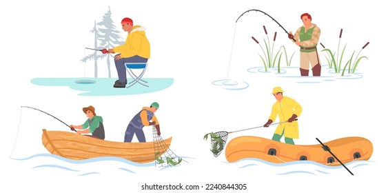 Fisherman sitting in boat, on river bank, in water or near ice-hole vector illustration. Cartoon people seasonal fishing isolated set. Males hobby concept