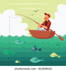 Fisherman sitting in the boat, vector illustration multyashnaya comical, red bearded man seated fisherman with a fishing rod in the boat on the river, hunting for fish, fishing on the water