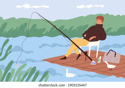 Fisherman sitting with fishing rod and watching at float in lake. Fisher catching fish at wooden dock. Young man enjoying leisure time in nature. Colorful flat vector illustration