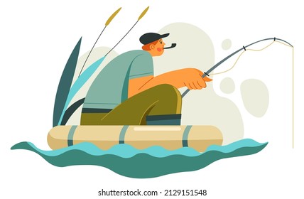 Fisherman sitting in inflatable boat with fishing rod in hands catching fish. Male character on lake or river, hobby and leisure of man. Vacation and traveling, improving skills. Vector in flat