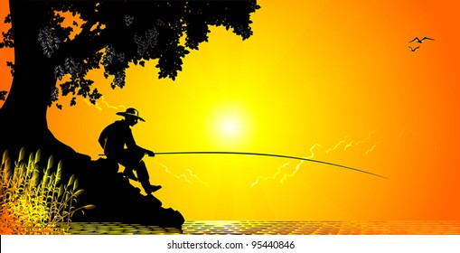 The fisherman is sitting on the beach under a tree with a fishing rod that holds in his hands.