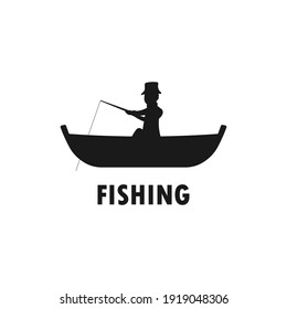 Fisherman sitting on boat holding rod silhouette. Fishing activity logo. Man catching fish icon sign or symbol. Fishery business. Outdoor recreation equipment. Human hobby. Vector illustration.