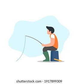Fisherman sitting on bucket holding rod. Fishing activity. Man catching fish. Seafood concept. Fishery business. Outdoor recreation equipment. Human hobby. Flat vector character illustration.