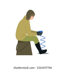 Fisherman Sitting on Bucket with Ice Drill, Male Fisher Character Catching Fish in Winter Season Vector Illustration