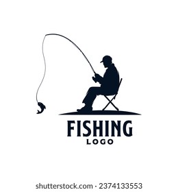 Fisherman sitting on chair holding fishing rod silhouette logo