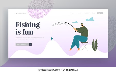 Fisherman Sitting on Chair with Rod Have Good Catch. Man Fishing on Lake or River. Relaxing Summertime Hobby, Vacation Leisure, Website Landing Page, Web Page. Cartoon Flat Vector Illustration, Banner