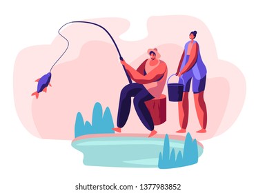 Fisherman Sitting on Coast of Pond Catching Fish, Woman Stand with Bucket. People Relaxing on Nature, Weekend Leisure, Family Resting Outdoors. Man Fishing on Lake Cartoon Flat Vector Illustration